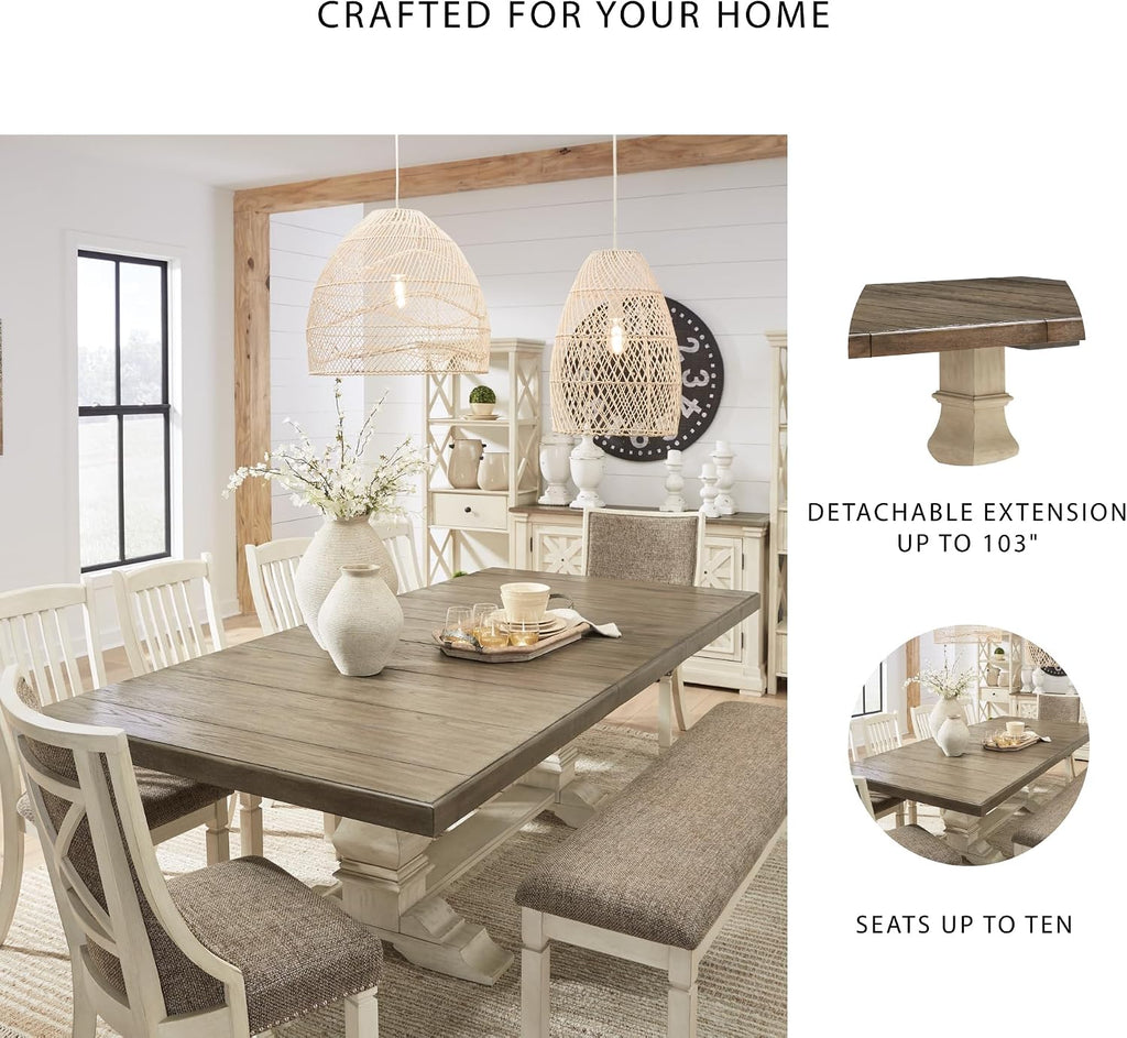 Signature Design by Ashley Bolanburg Farmhouse Extension Dining Table with Removable Center Leaf and Trestle Base, Dark Brown & White