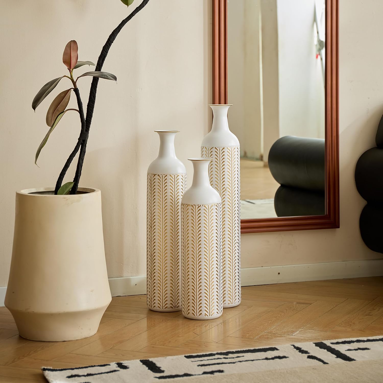 Floor Metal Decorated Vases Set of 3 for Gorgeous Home Decoration Large Glazed Metal Vases (Vintage White)