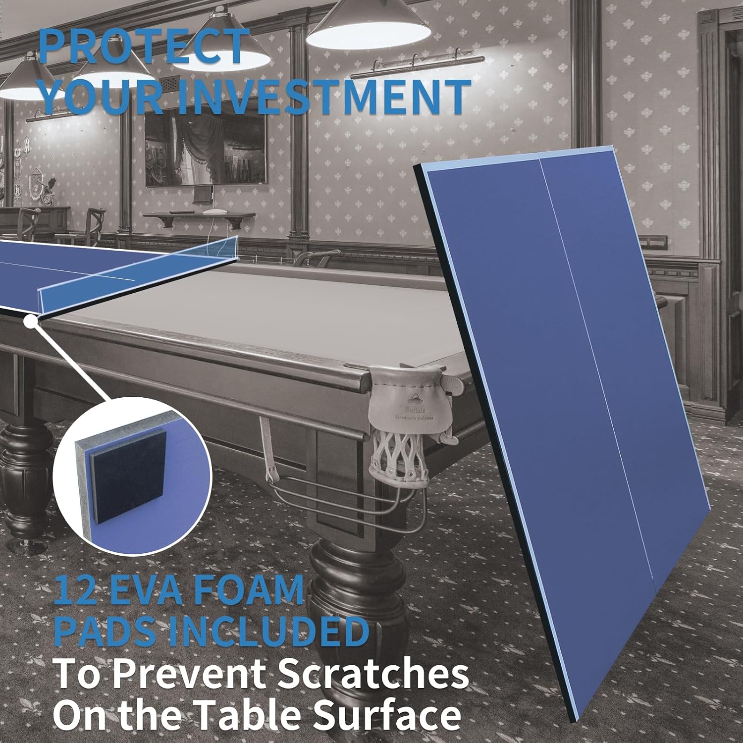 Foldable Ping Pong Table Top for Billiard Table, 6FT/7FT/8FT/9FT Table Tennis Table Topper for Pool Table, Indoor Outdoor Portable Table Tennis Conversion Top w/Net & Foam Padding