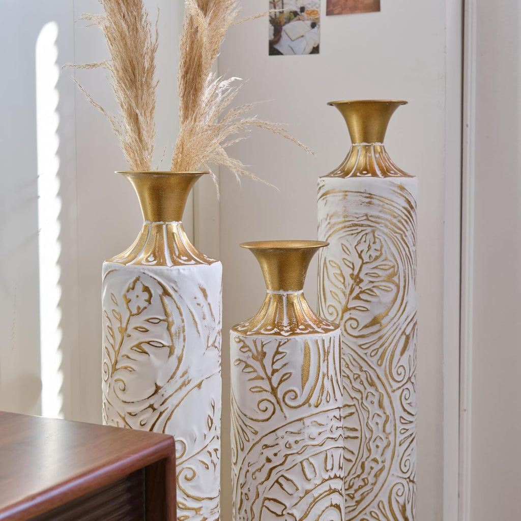 Metal Floor Vase Set - 3D Floral Relief Cylinder Vases for Living Room, Entryway & Office Decor, 24in/28.7in/33.5in Rustproof Tall Standing Home Décor (White+Gold Pattern)