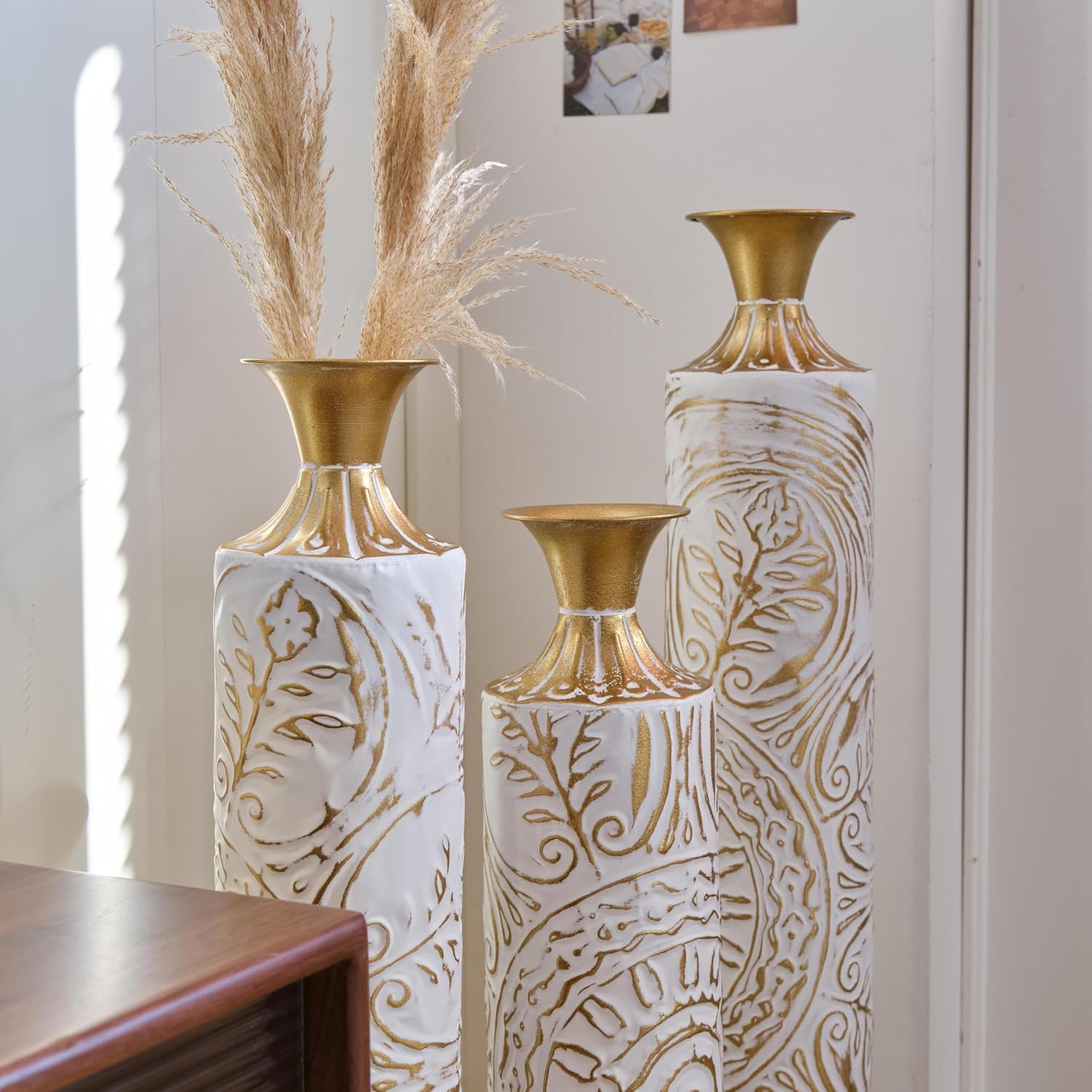 Metal Floor Vase Set - 3D Floral Relief Cylinder Vases for Living Room, Entryway & Office Decor, 24in/28.7in/33.5in Rustproof Tall Standing Home Décor (White+Gold Pattern)