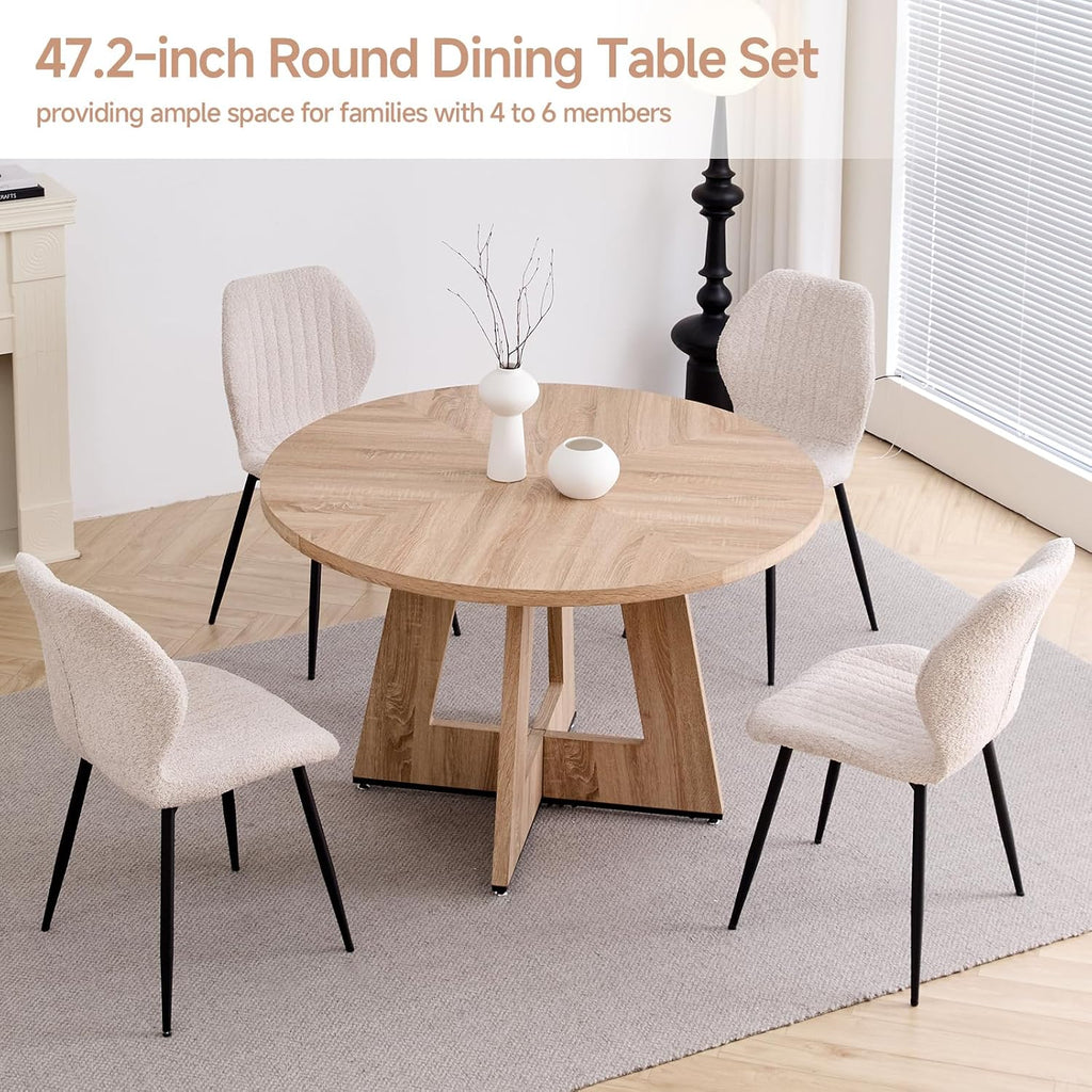 47' Round Dining Table Set for 4 with Chairs Kitchen Table and Chairs Set Mid-Century Modern Chair with Metal Leg for Apartment Living Room(Natural Table with 4 Beige Chairs)