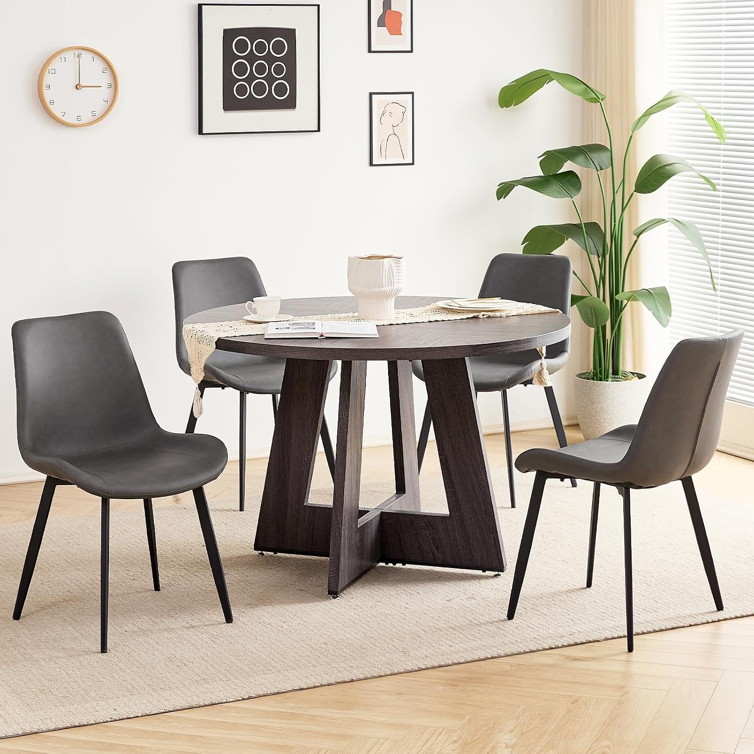 47 inch Round Dining Table Set for 4 with Chairs Kitchen Table and Chairs Set Mid-Century Modern Round Wood Kitchen Tables with Upholstered Synthetic Leather Chairs Set of 4