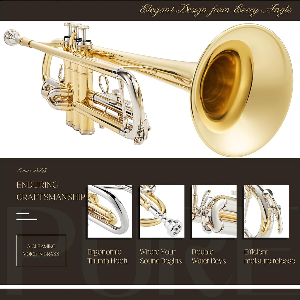 AKLOT Hand-Hammered Bell Bb Trumpet: Smooth Valve Action, Clear-Lacquered Brass Body, Standard Trumpet Beginner Set with Leather Case, Lesson Book, Trumpet Mute, Mouthpiece, Cleaning Kit (SNR-BrzED)