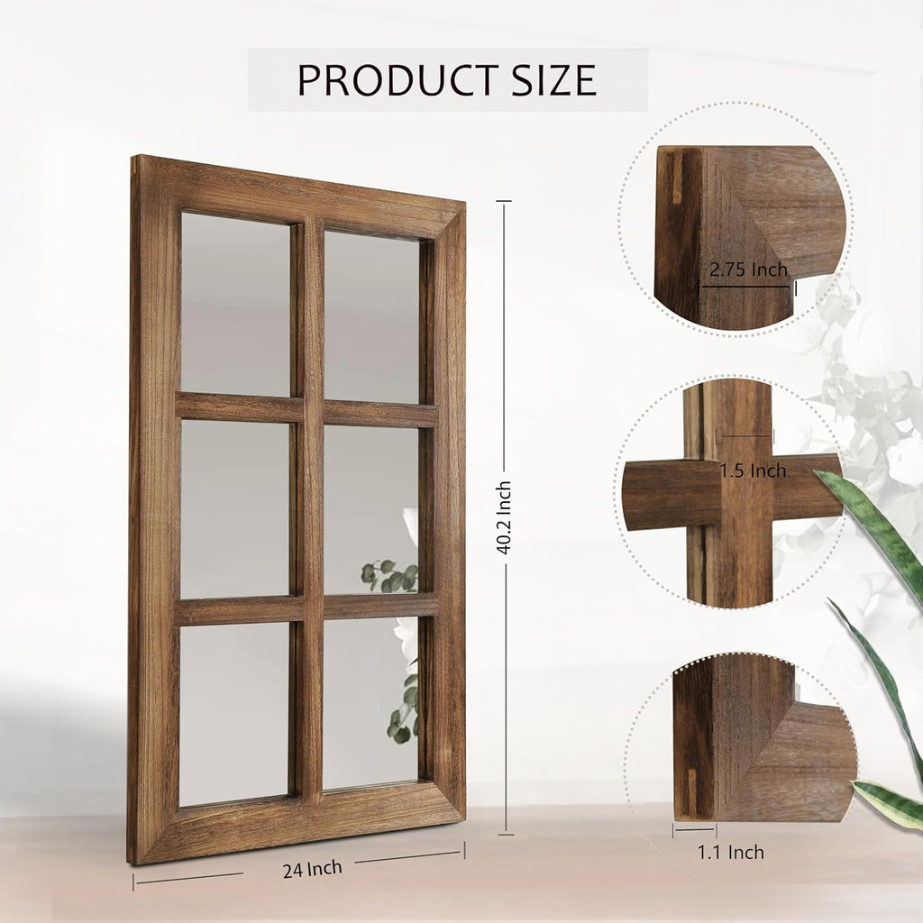 LOSOUR 2 Pack 24x40 Mirrors for Wall Decor, Farmhouse Distressed Wood Windowpane Mirror, Rustic Home Wall Decor Accents for Bedroom Living Room Dining Room, Kitchen, Mantle (2, Brown, 40' L x 24' W)