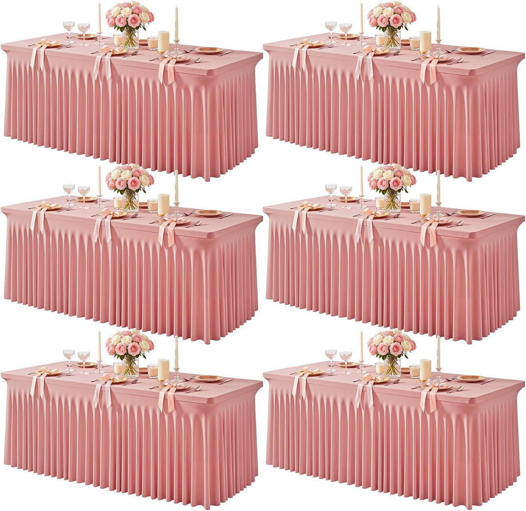 6 Packs Dusty Rose Table Clothes for 6 Foot Rectangle Tables, One-Piece Wrinkle Resistant Stretch Spandex Table Covers with Skirt for Event Banquet Wedding Birthday Party