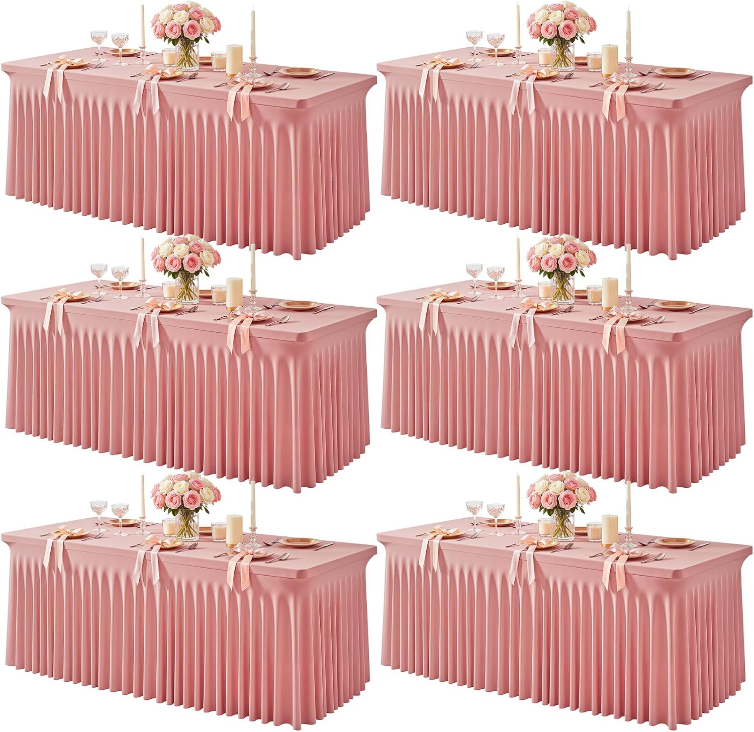 6 Packs Dusty Rose Table Clothes for 6 Foot Rectangle Tables, One-Piece Wrinkle Resistant Stretch Spandex Table Covers with Skirt for Event Banquet Wedding Birthday Party