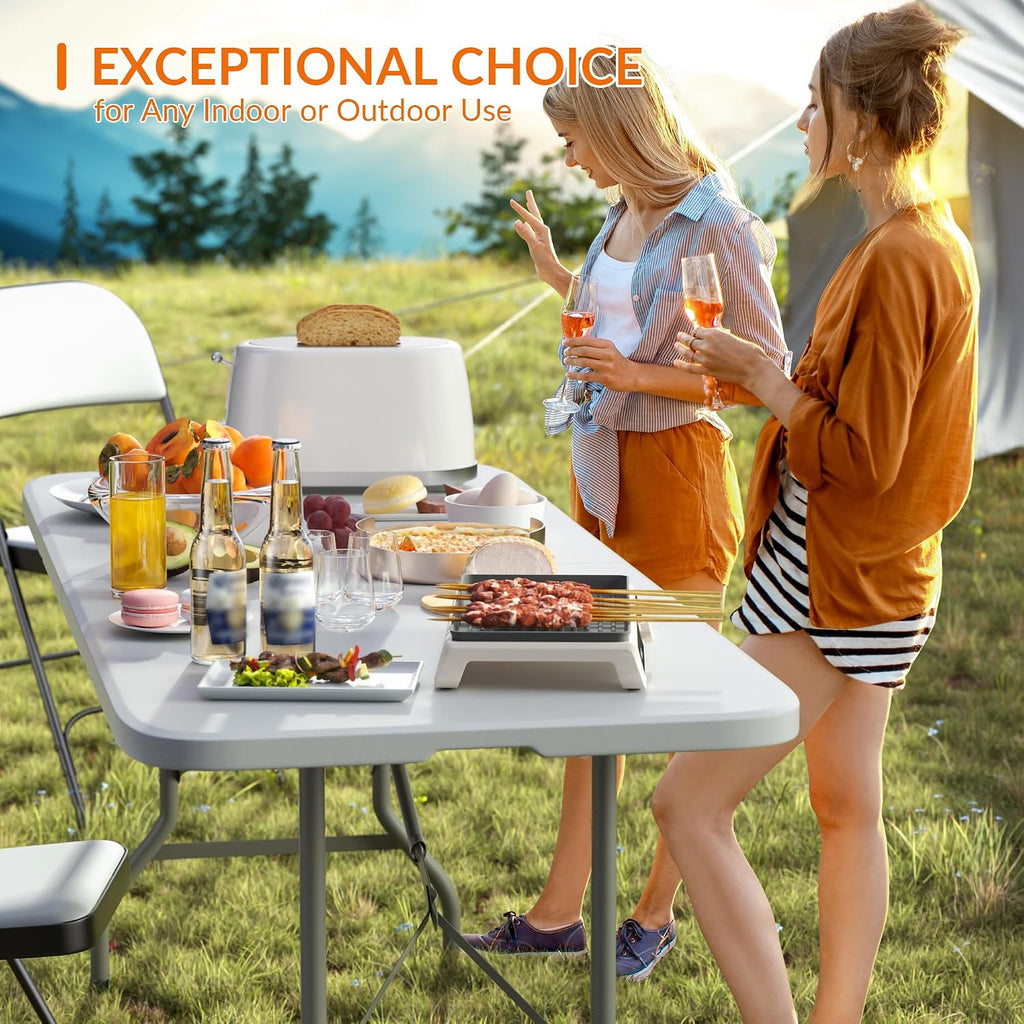 Elevon Folding Table Set with 6 White Folding Chairs,6 Feet Heavy Duty Fold-in-Half Utility Table Sets for Picnic, Event, Training, Outdoor Activities, at Home and Commercial Use