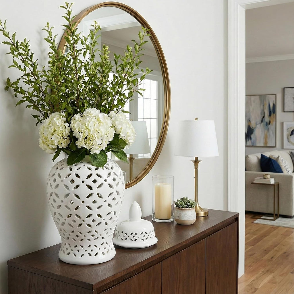 Elegant Pattern Ceramic Vase for Living Room and Home Decor - Chinoiserie House Accent for Dining Room Table Decor - Decorative Flower Vase for Room, Bedroom, or Office Display - 24', White