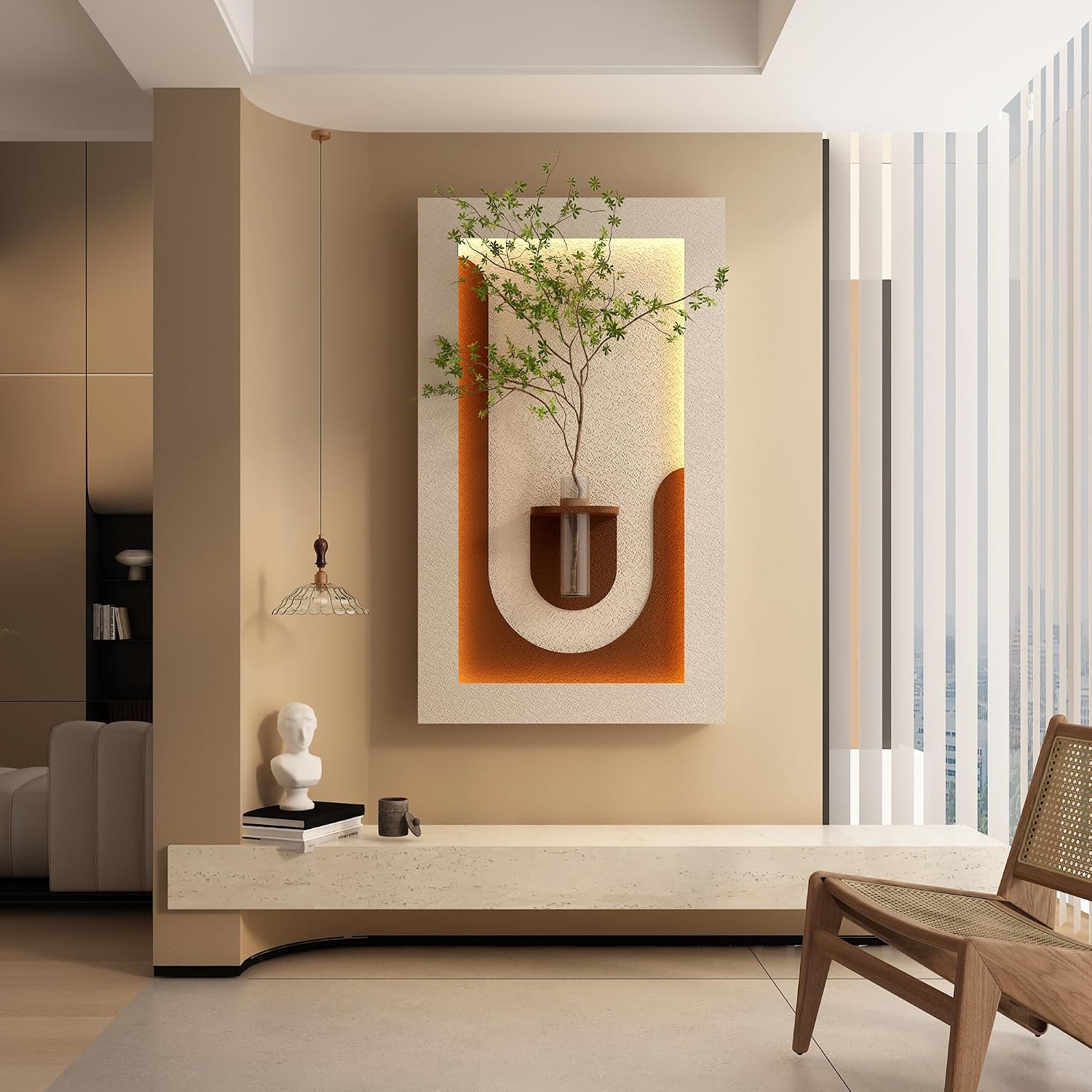 Montary 3D Sandstone Art Painting, Adjustable 3-Color LED Sandstone Wall Decor with Simulated Green Plants - 3D Art Sculpture, Glass Vase & Rabbit Statue, for Living Room, Bedroom, Hallway