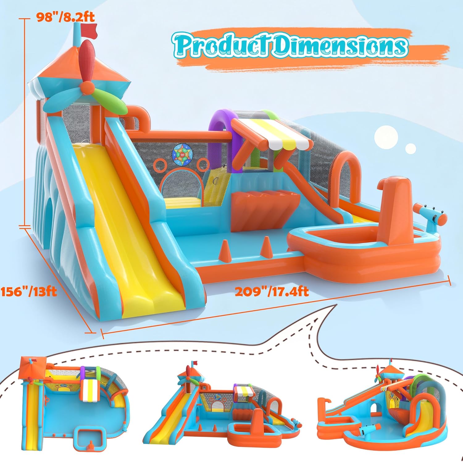 Water Bounce House for Big Kids 8-12, Double Water Slide Bounce House with 750W Blower, Toy Stand, Climbing Wall, Jumping, Water Gun, Splash Pool, Basketball Hoop for Indoor Outdoor Backyard