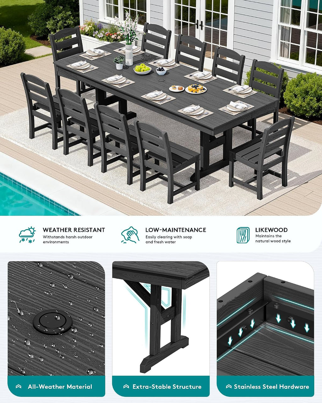SERWALL Outdoor Dining Table, 84' Rectangular Dining Table for 6-10 Person, All Weather HDPE Outdoor Furniture for Backyard, Garden, Black