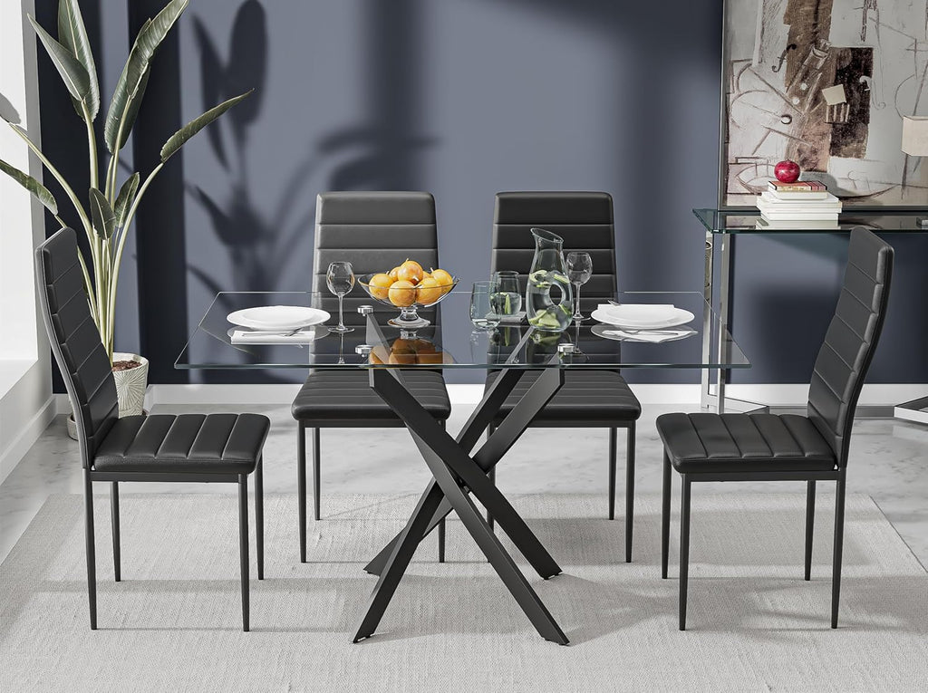 5 Piece Dining Table Table Set, Tempered Glass Dining Table Set for 4 Kitchen Table Set with 4 Upholstered High-Back Chairs for Kitchen Dining Room (Black Table with Black Chair)