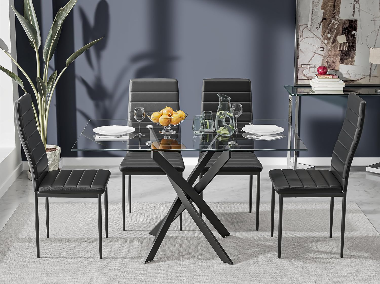 5 Piece Dining Table Table Set, Tempered Glass Dining Table Set for 4 Kitchen Table Set with 4 Upholstered High-Back Chairs for Kitchen Dining Room (Black Table with Black Chair)