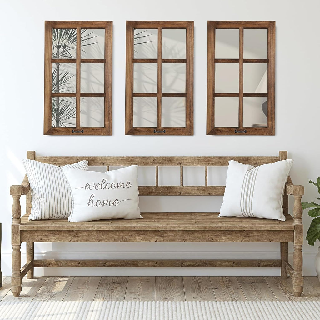 LOSOUR 2 Pack 24x40 Mirrors for Wall Decor, Farmhouse Distressed Wood Windowpane Mirror, Rustic Home Wall Decor Accents for Bedroom Living Room Dining Room, Kitchen, Mantle (2, Brown, 40' L x 24' W)