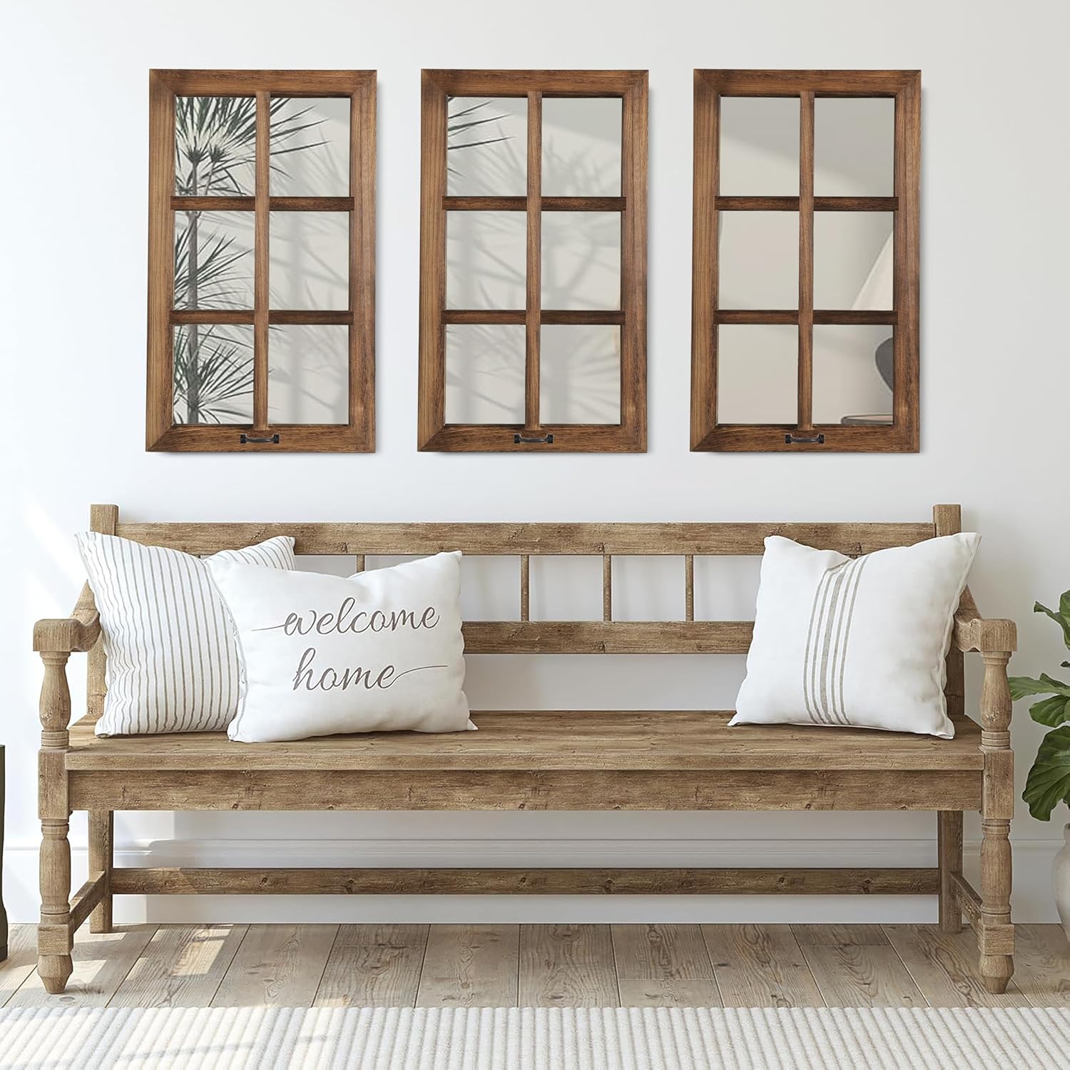 LOSOUR 2 Pack 24x40 Mirrors for Wall Decor, Farmhouse Distressed Wood Windowpane Mirror, Rustic Home Wall Decor Accents for Bedroom Living Room Dining Room, Kitchen, Mantle (2, Brown, 40' L x 24' W)