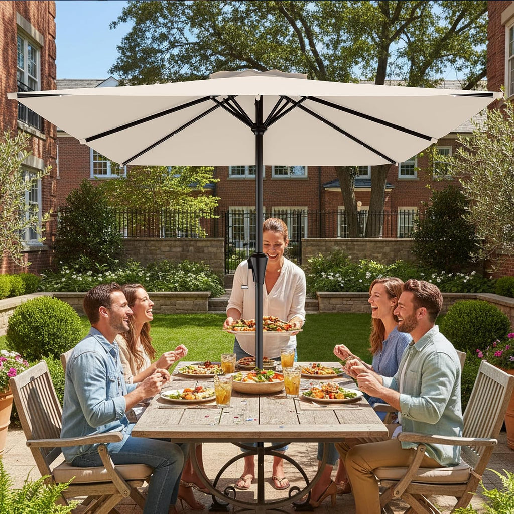 AreShark 8' X 10' Rectangular Patio Umbrella with Solar Lights, Lighted Solar Umbrella with Crank, Outdoor Table Umbrella for Garden, Deck, Backyard, Pool and Beach, Cream-White