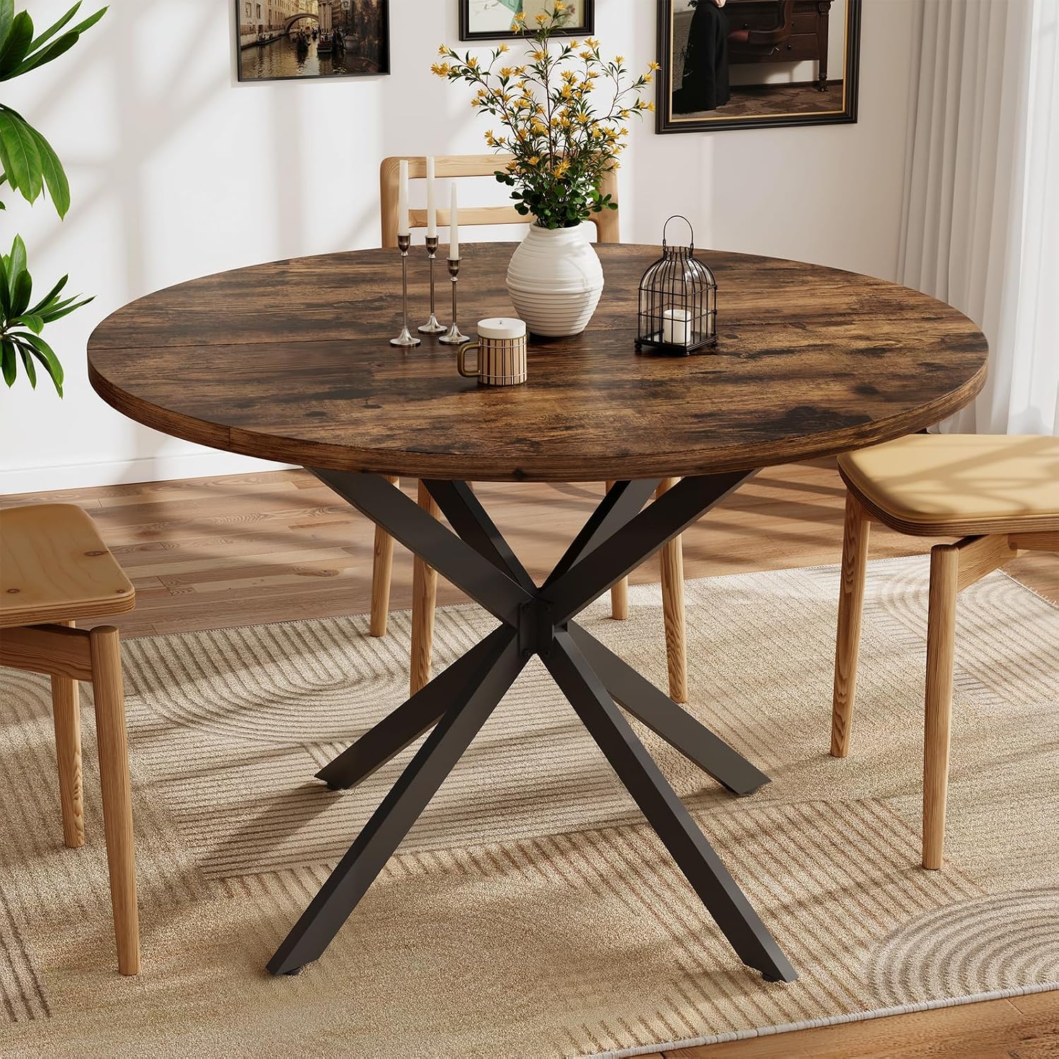 Vantic 47' Round Dining Table for 4-6 People, Farmhouse Wood Kitchen Table for Small Space,Circle Dining Table with Metal Base for Kitchen & Living Room, Rustic Brown