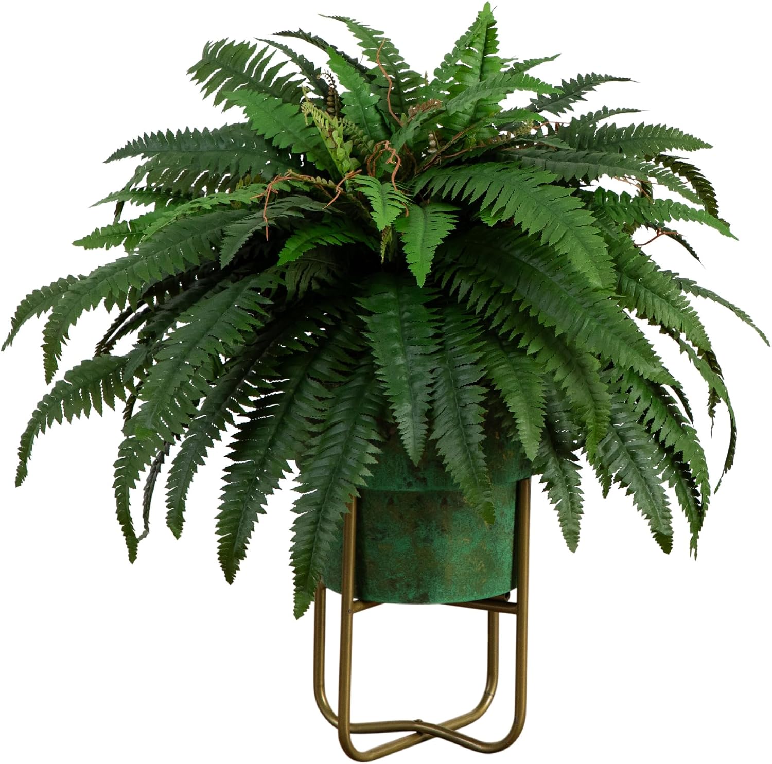 Nearly Natural 31-in Artificial Boston Fern Plant on Display Stand in Removal Patina Metal Planter, Fake Ferns for Living Room, Bedroom, Office Home Décor