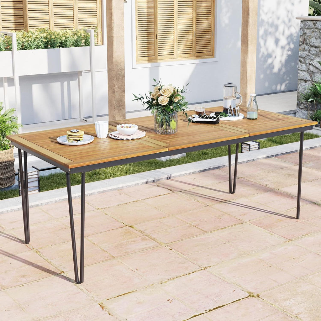 HAPPYGRILL Patio Dining Table for 8, 79' Rectangle Table with Acacia Wood Tabletop & Heavy Duty Metal Frame, Outdoor Dining Table with 2' Umbrella Hole for Backyard, Lawn & Garden