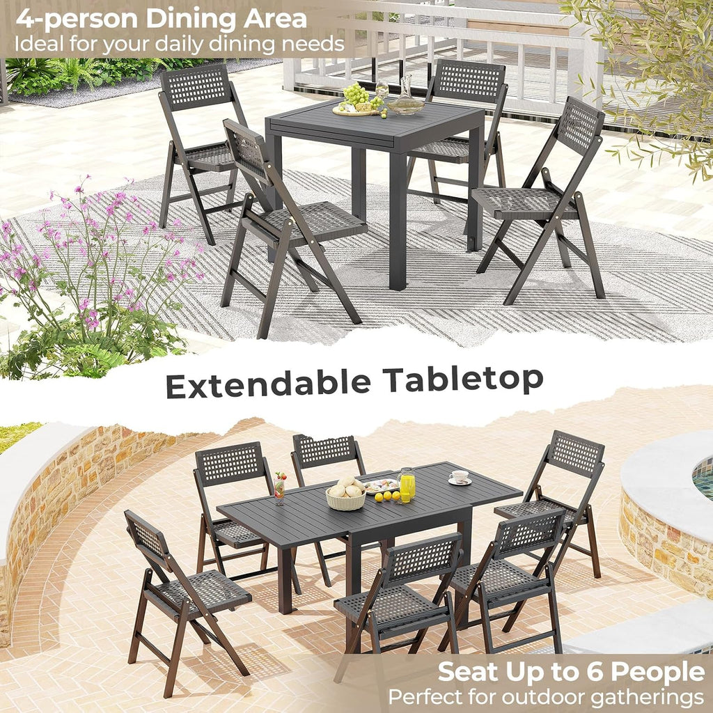 HAPPYGRILL Expandable Patio Dining Table Aluminum Outdoor Table for 4-6 Person with Slatted Tabletop, Square Rectangular Folding Patio Table for Porch, Lawn, Garden