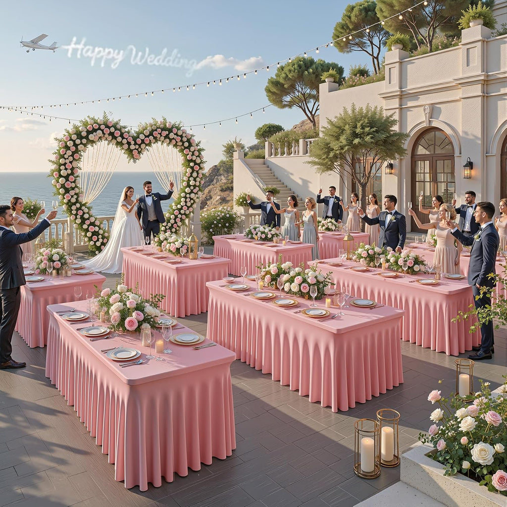 6 Packs Dusty Rose Table Clothes for 6 Foot Rectangle Tables, One-Piece Wrinkle Resistant Stretch Spandex Table Covers with Skirt for Event Banquet Wedding Birthday Party