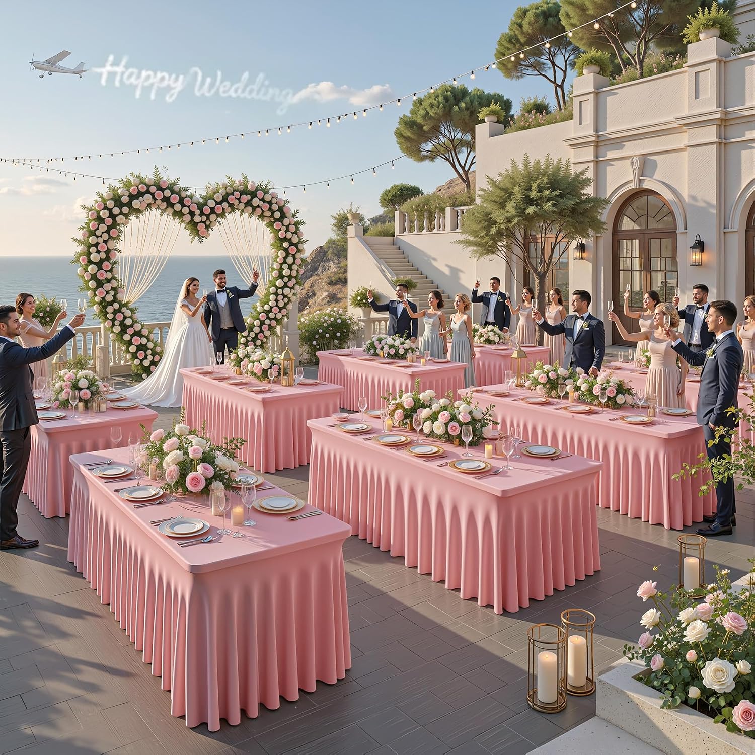 6 Packs Dusty Rose Table Clothes for 6 Foot Rectangle Tables, One-Piece Wrinkle Resistant Stretch Spandex Table Covers with Skirt for Event Banquet Wedding Birthday Party