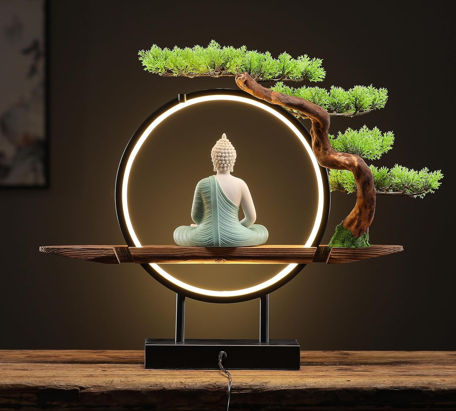 Houlu Green Buddha Statue with Green Artificial Tree and LED Circle Table Lamp, Indoor Ceramic Buddha Statues for Home Decor, 16.5 in