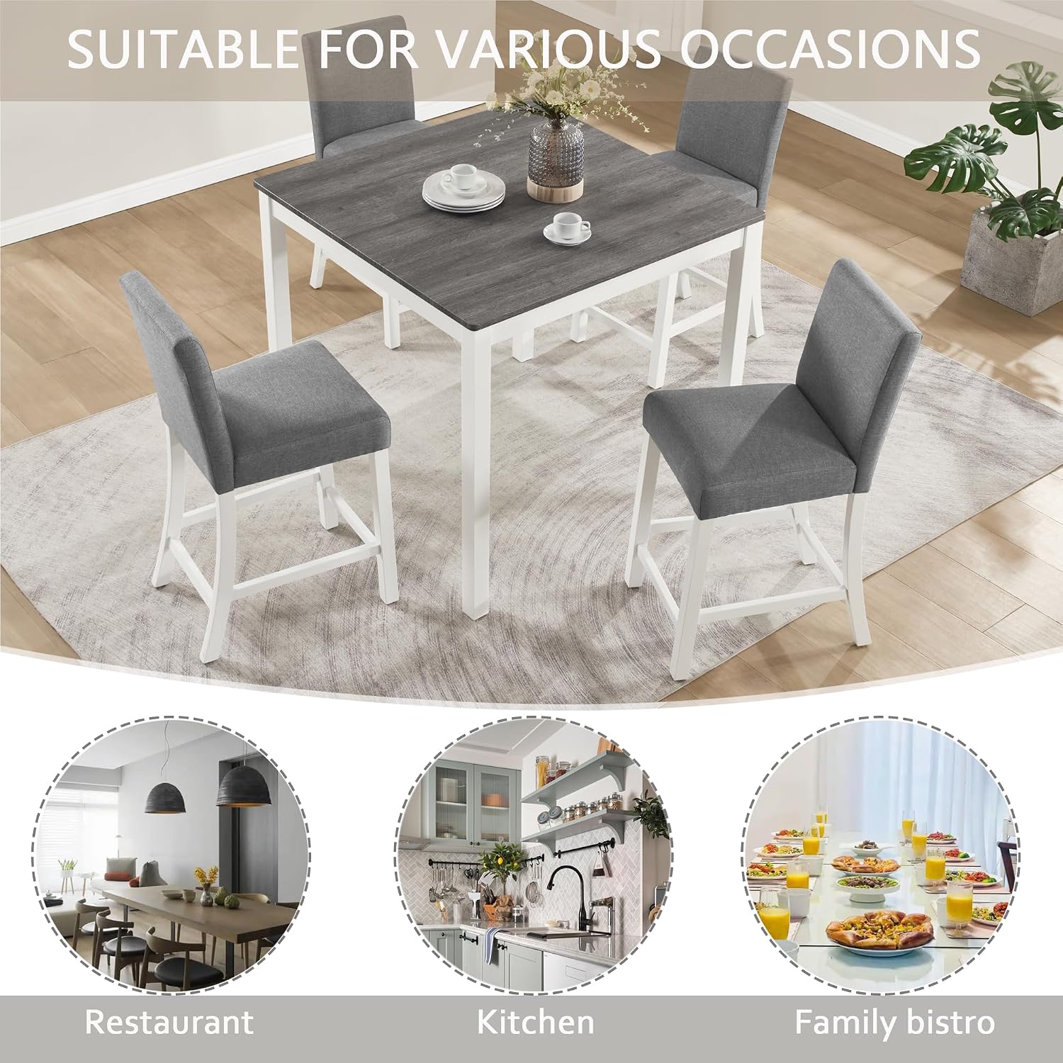 LUMISOL 5-Piece Dining Table Set, Farmhouse Counter Height Dining Table Set with 4 Upholstered Chairs, Wooden Table and Chairs Set for Kitchen, Dining Room, Grey+White