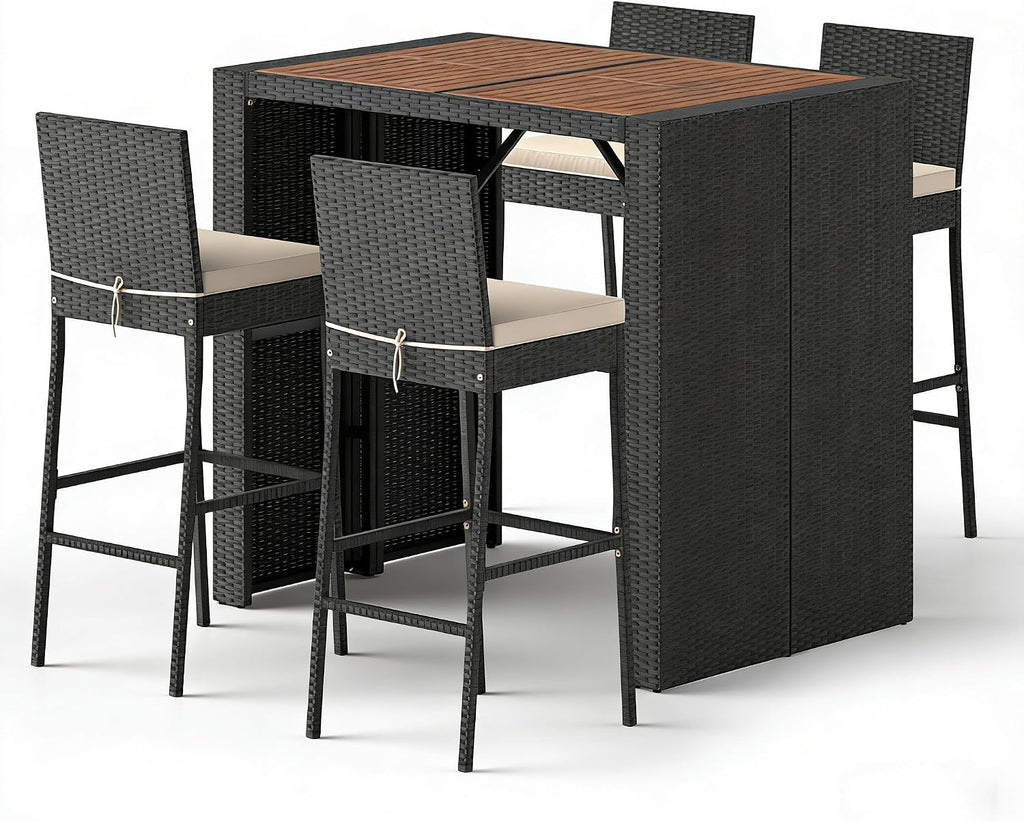 COSTWAY 5 Piece Patio Bar Set, Outdoor Rattan Wicker Bar Table and 30'' High Top Chairs Set with Acacia Wood Tabletop and Cushions for Poolside, Backyard