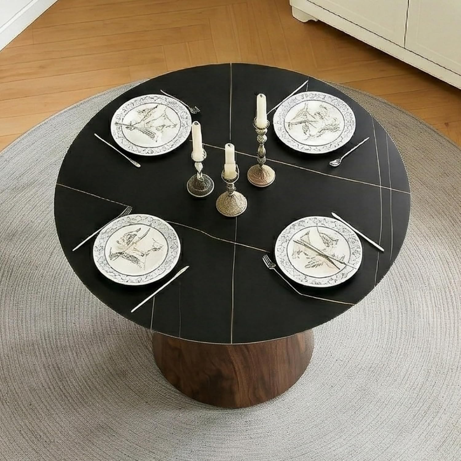 Faux Marble Round Dining Table for 4/5/6, 42' Modern Round Kitchen Table with Black Sintered Stone Top and Walnut Stable Pedestal for Apartment,Restaurant,Small Space
