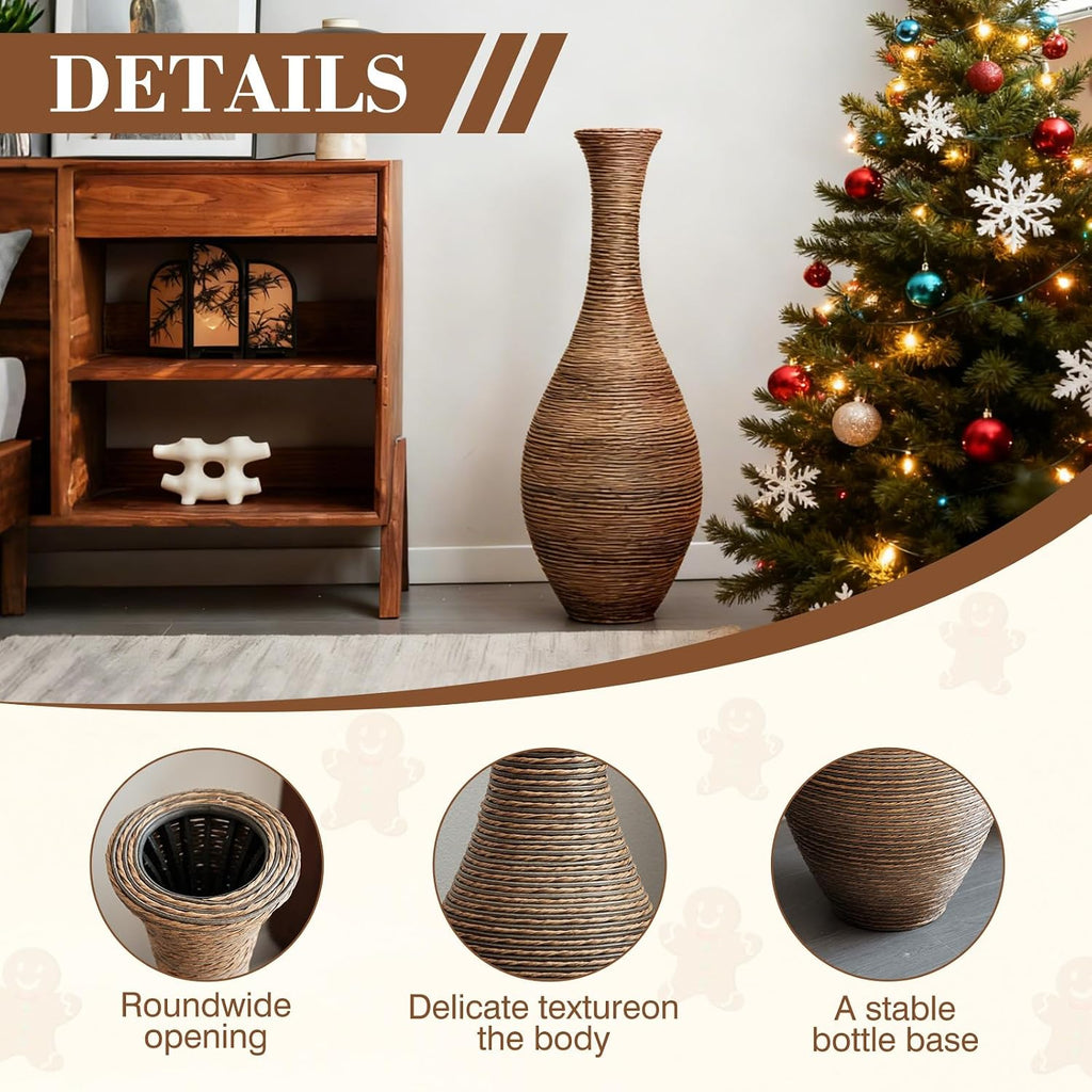 40' Tall Large Rattan Standing Floor Vase Modern Decorative Accent Flower Holder Floor Vase for Living Room Entryway Dining Room Stylish Home Décor Statement Piece (Beige+Grey)