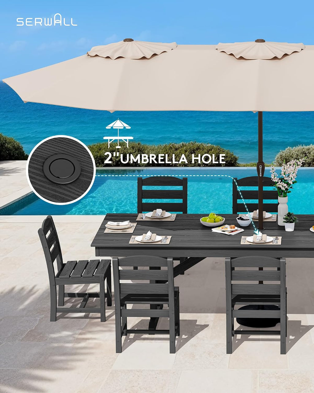 SERWALL 9 Piece Outdoor Dining Set, 84' HDPE Outdoor Table and Armless Chairs Set for 8，All Weather Patio Furniture Set with Umbrella Hole for Backyard, Garden, Black