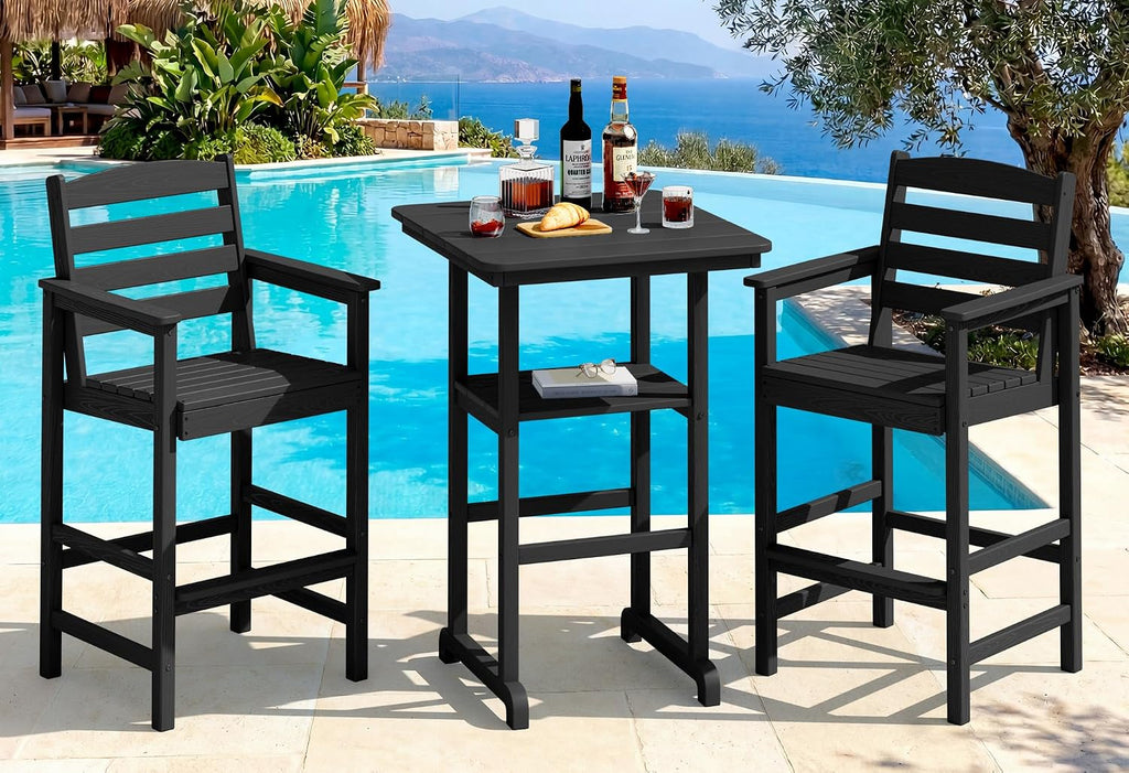 SERWALL Balcony Adirondack Chairs and Table 3 Pieces Set, Oversize Adirondack Bar Height Chairs Set of 2 and Bar Table, Outdoor Bar Stools Set, Black