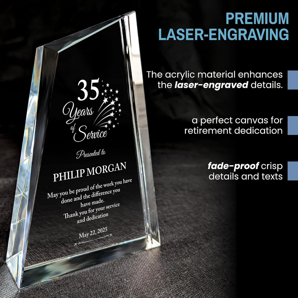 Personalized Acrylic Retirement Gifts For Men and Women, Laser Engraved Custom Trophy for Service Recognition, Years Of Service Retirement Trophy Award for Boss, Employee, Teacher Crystal Peak)