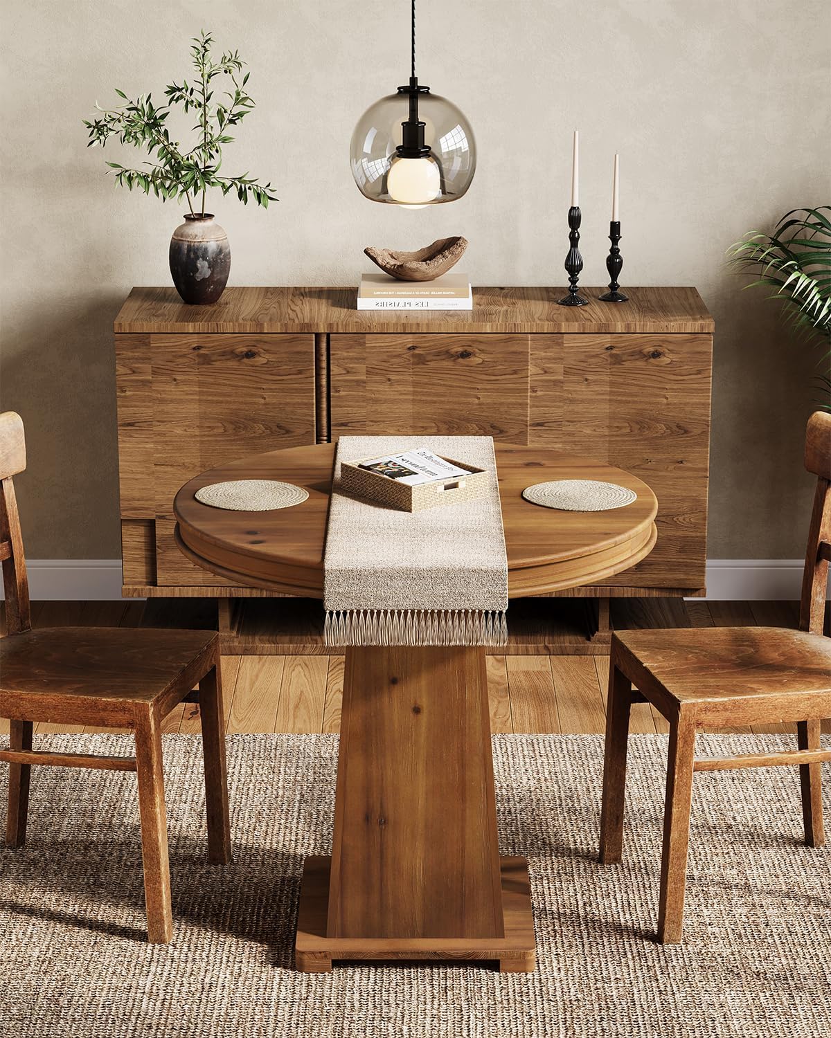 LITTLE TREE Solid Wood Round Dining Table, 31.5' Small Kitchen Table for 2, Modern Farmhouse Dinner Table for Dining Room, Kitchen, Living Room, Artistic Geometric Base, Table Only (Rustic Brown)