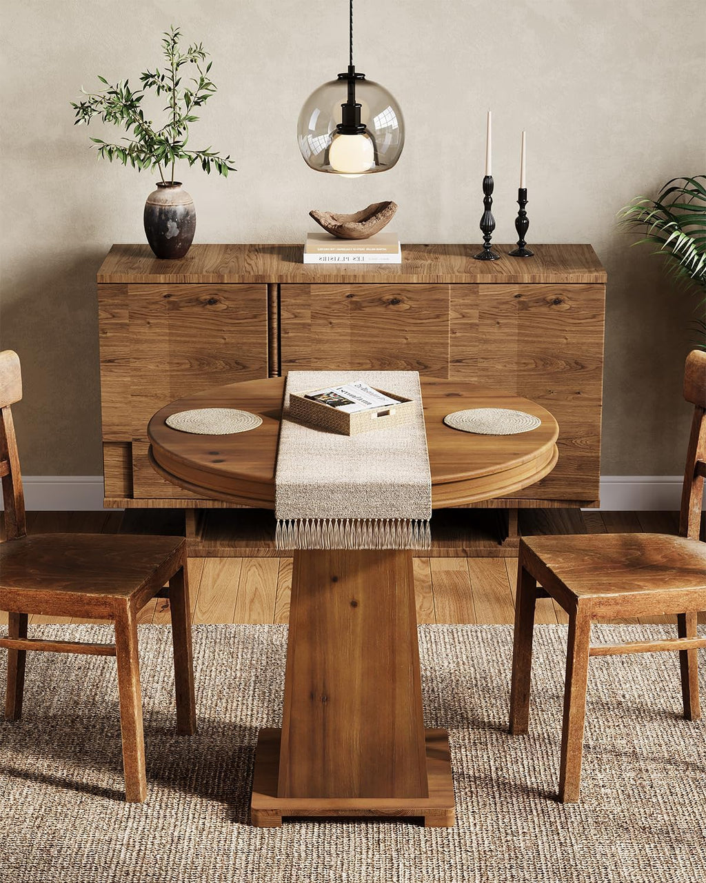 LITTLE TREE Solid Wood Round Dining Table, 31.5' Small Kitchen Table for 2, Modern Farmhouse Dinner Table for Dining Room, Kitchen, Living Room, Artistic Geometric Base, Table Only (Rustic Brown) 2PCS