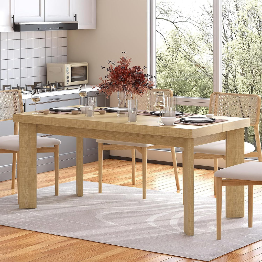 Bigbiglife 63 Inch Dining Table for 6, Indoor Outdoor Dining Table with Wood Legs, Kitchen Table with Large Tabletop, Rectangular Dinner Table for Dining Room, Living Room, Kitchen, Natural