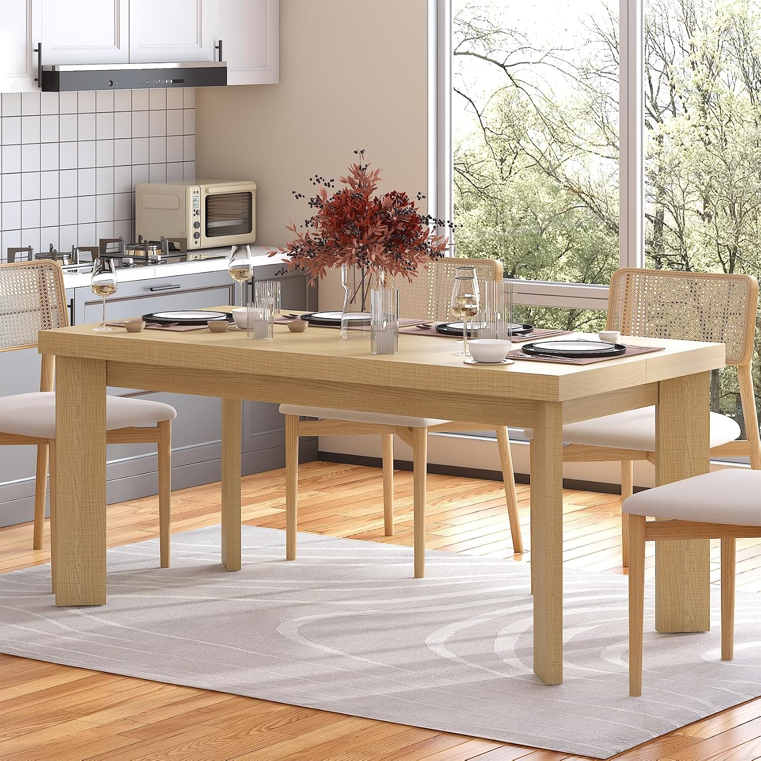 Bigbiglife 63 Inch Dining Table for 6, Indoor Outdoor Dining Table with Wood Legs, Kitchen Table with Large Tabletop, Rectangular Dinner Table for Dining Room, Living Room, Kitchen, Natural