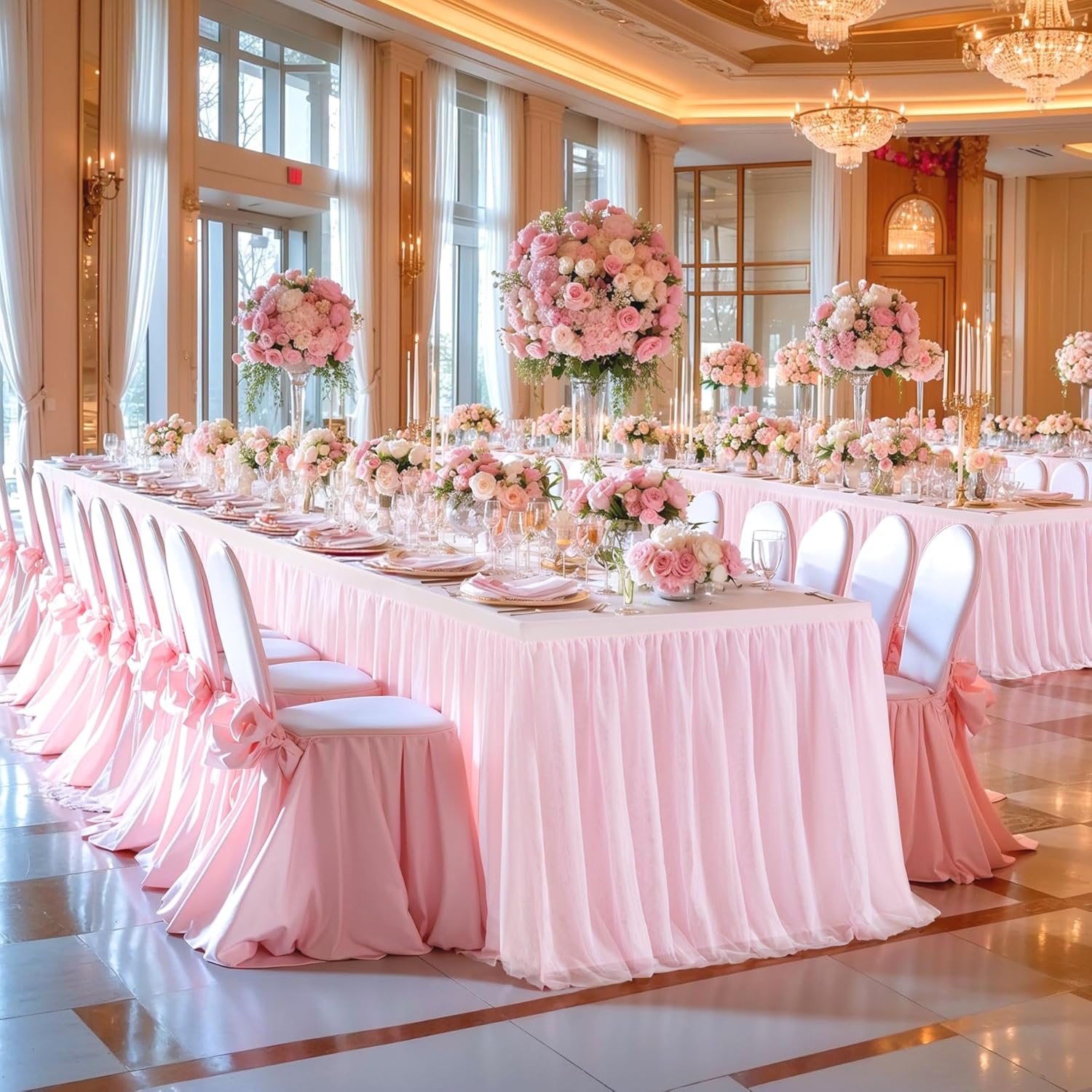 Wish Care 6 Pack Pink Tulle Tablecloth for 6 Foot Rectangle Tables Ruffle Stretch Fitted Table Cloths Wrinkle Free Table Cover with Tutu Skirt for Party Wedding Girls Birthday Baby Bridal Shower Cake