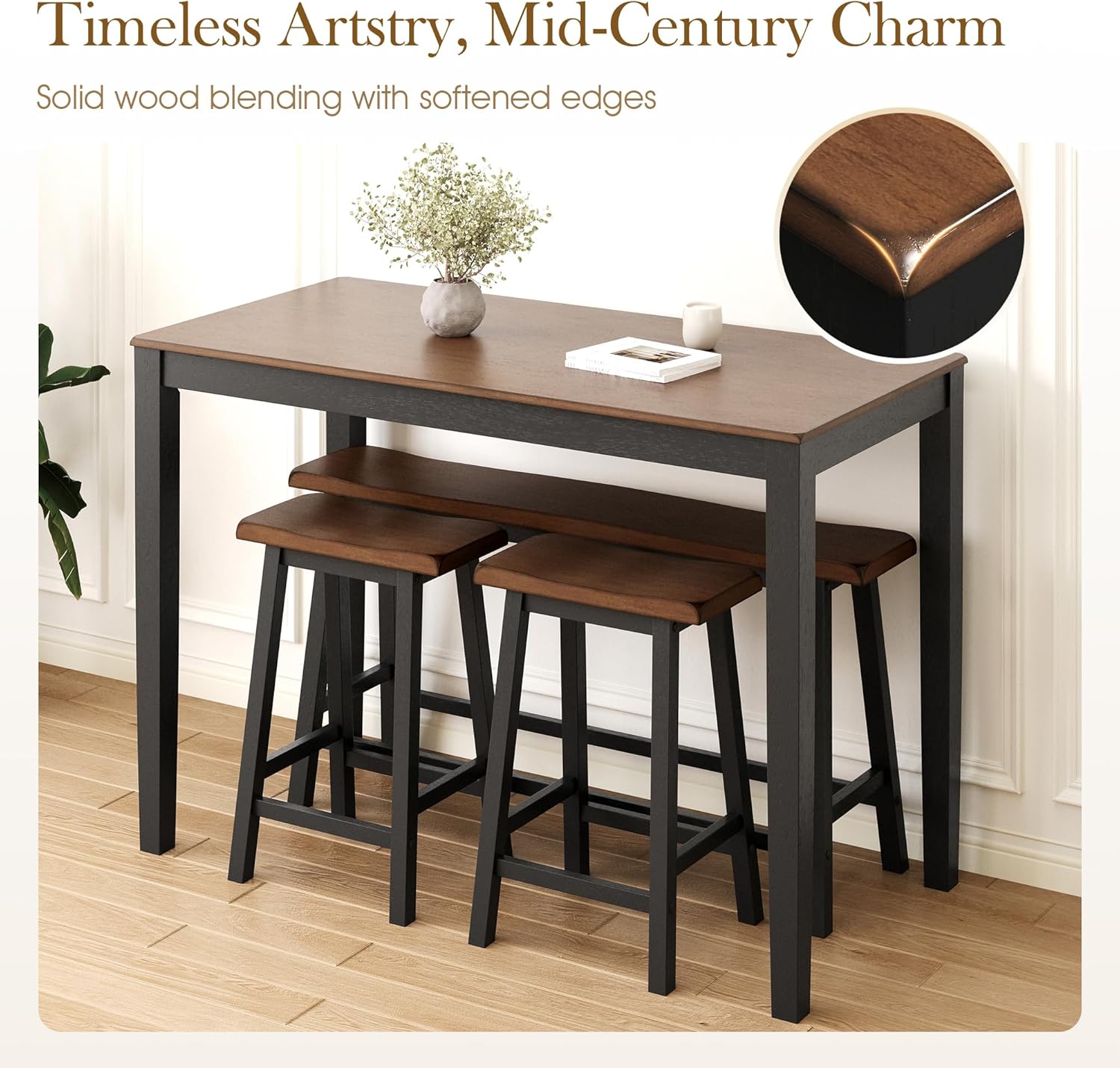 Sophia & William Dining Table Set for 4, Counter Height Table and Chairs, Kitchen Table Set with Bench and 2 Chairs, Small Breakfast Bar Dining Set, Walnut & Black