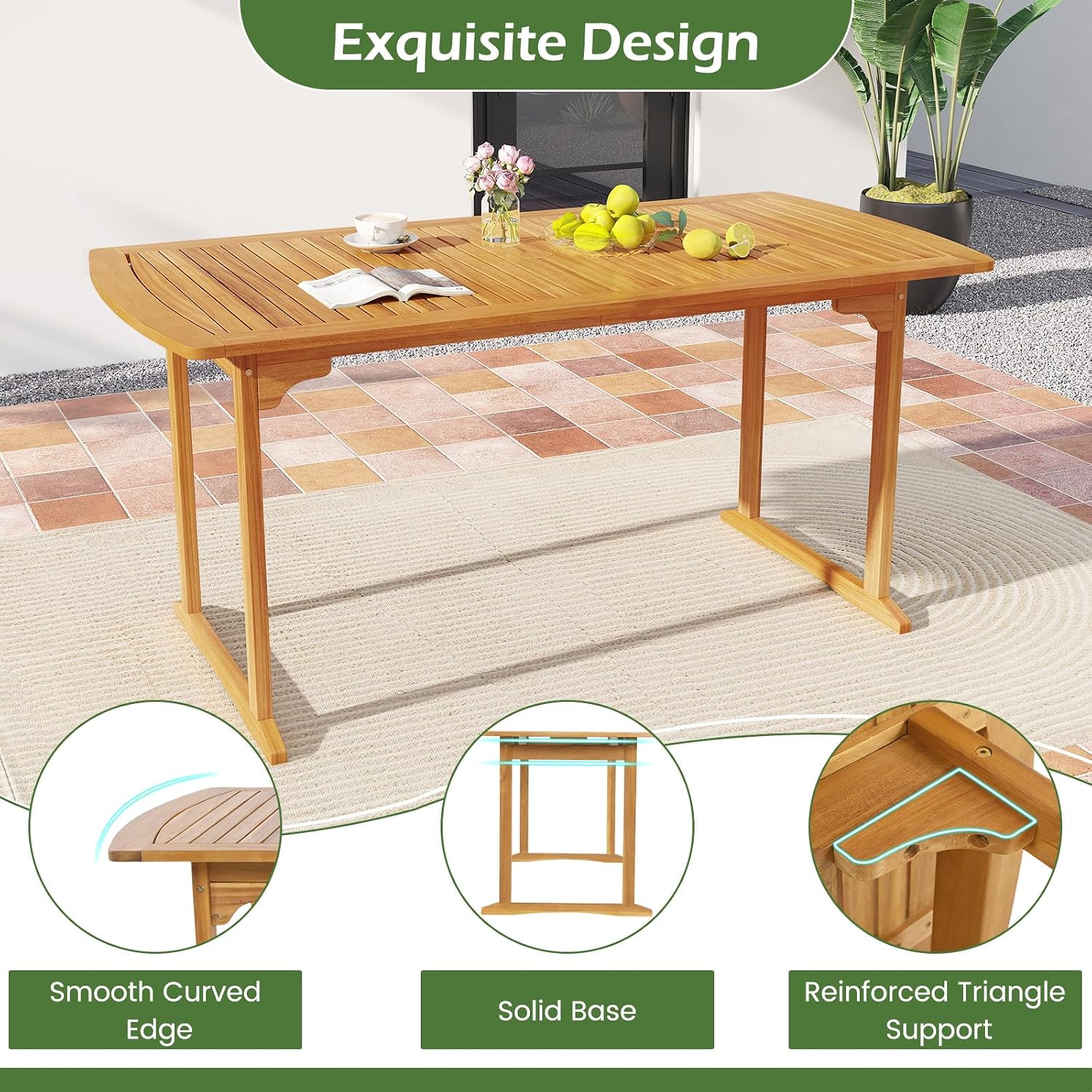 Tangkula 3 Piece Acacia Wood Patio Dining Table Set, 63' Large Patio Table & 2 Backless Benches w/Umbrella Hole, Farmhouse Indoor Outdoor Diner Furniture for Garden Poolside Deck Kitchen