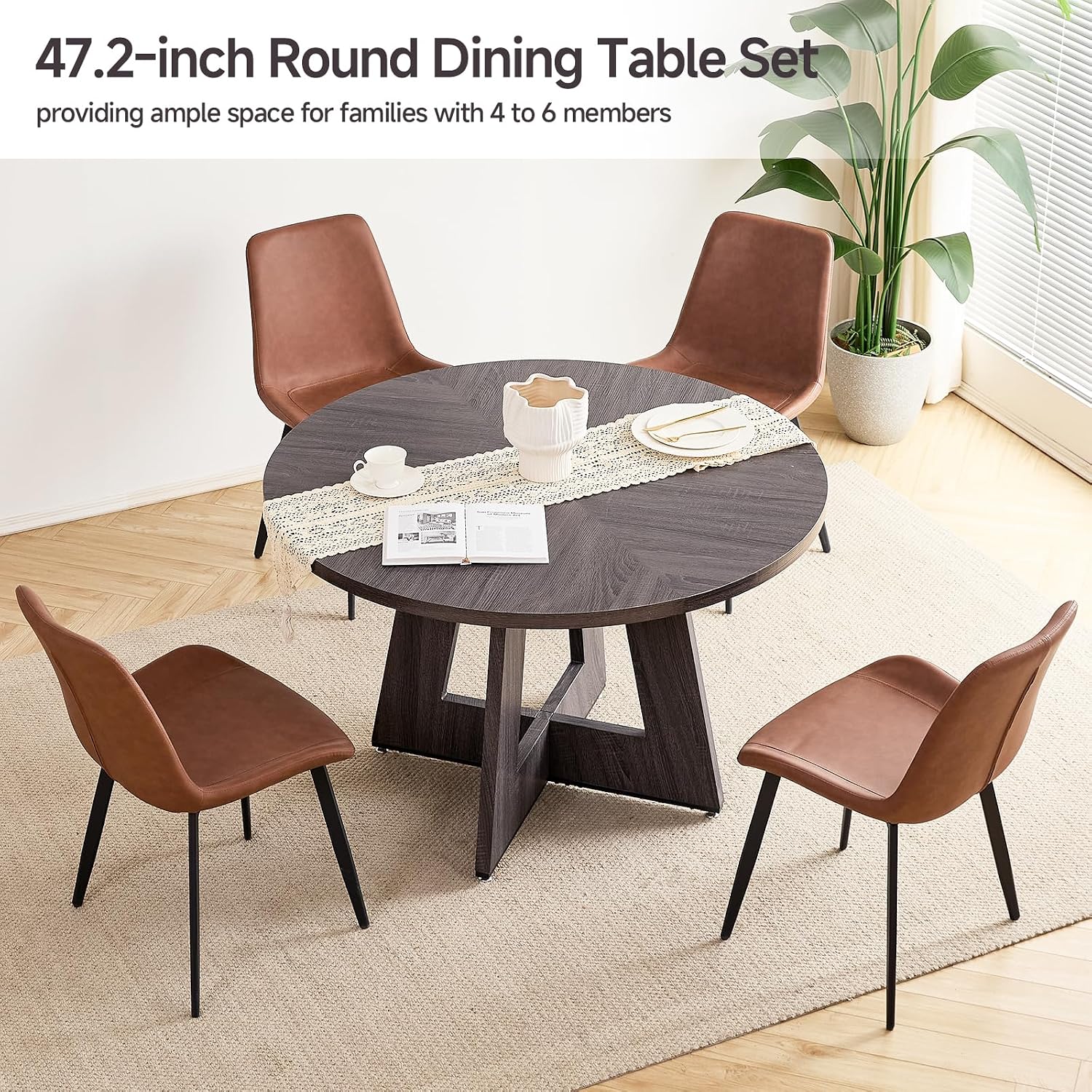 47 inch Round Dining Table Set for 4 with Chairs Kitchen Table and Chairs Set Mid-Century Modern Round Wood Kitchen Tables with Upholstered Synthetic Leather Chairs Set of 4