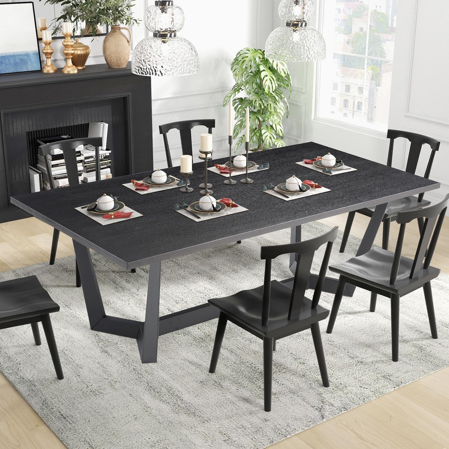 70.86'' Rectangular Wood Dining Table for 6-8, Modern Mid-Century Contemporary Dining Table for Living Room Kitchen, Dining Kitchen Table with Metal Leg Base, Easy Assembly, Black