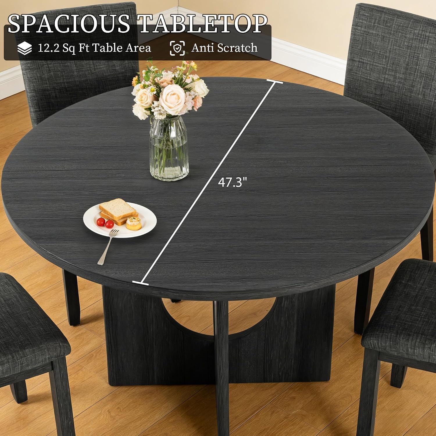 leovanni Round Dining Table Set for 4, Kitchen Table with 4 Upholstered Chairs, 5-Piece Wood Dining Table and Chairs Set for Kitchen, Dining Room, Living Room, Dark Gray