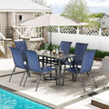 TLSUNNY 7 Pieces Patio Dining Set, Outdoor Table and Chairs W/1.69″ Umbrella Hole, 30'X 55' Table and Stackable Textilene Chair, All Weather Patio Furniture Set (Umbrella not Included) (Navy Blue)