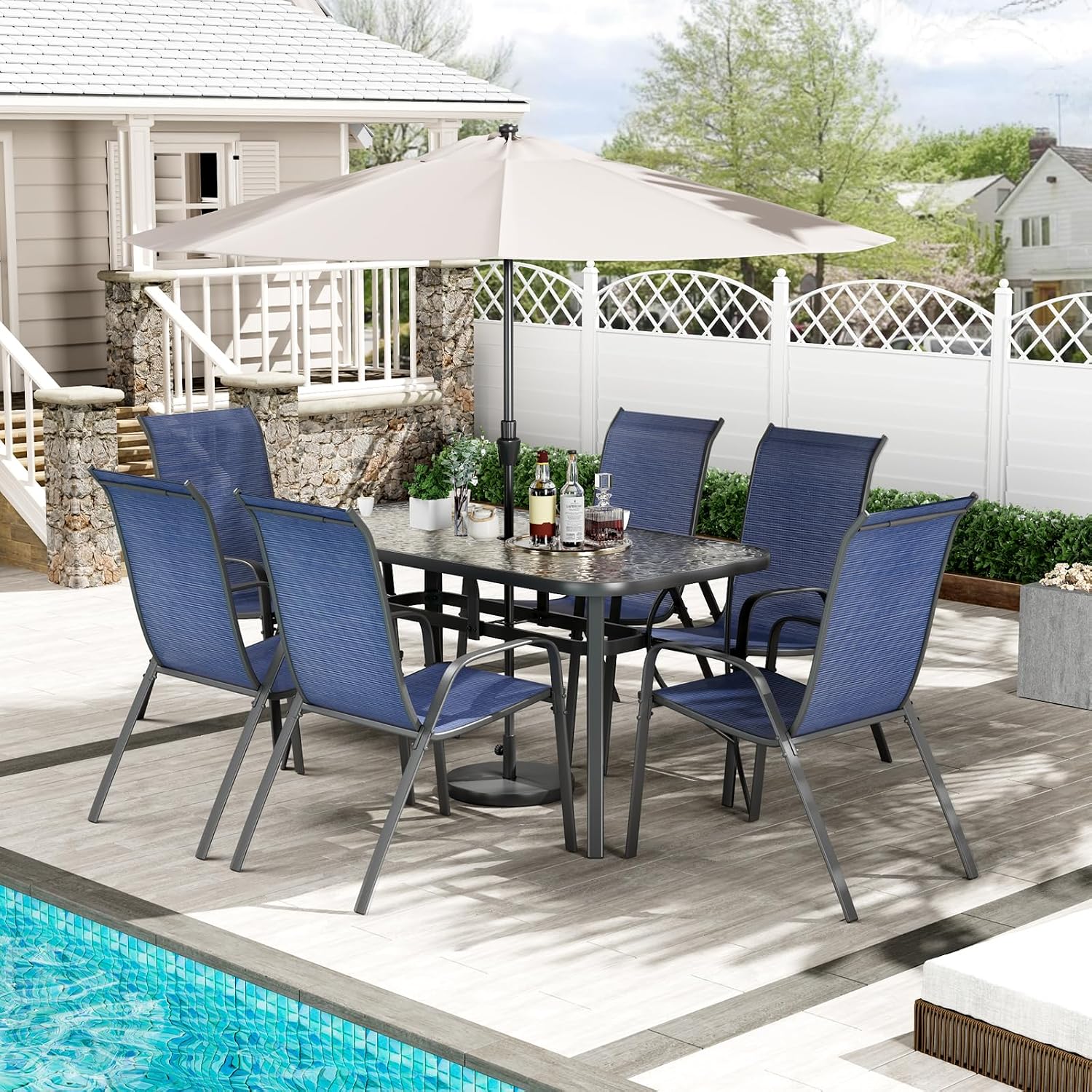 TLSUNNY 7 Pieces Patio Dining Set, Outdoor Table and Chairs W/1.69″ Umbrella Hole, 30'X 55' Table and Stackable Textilene Chair, All Weather Patio Furniture Set (Umbrella not Included) (Navy Blue)