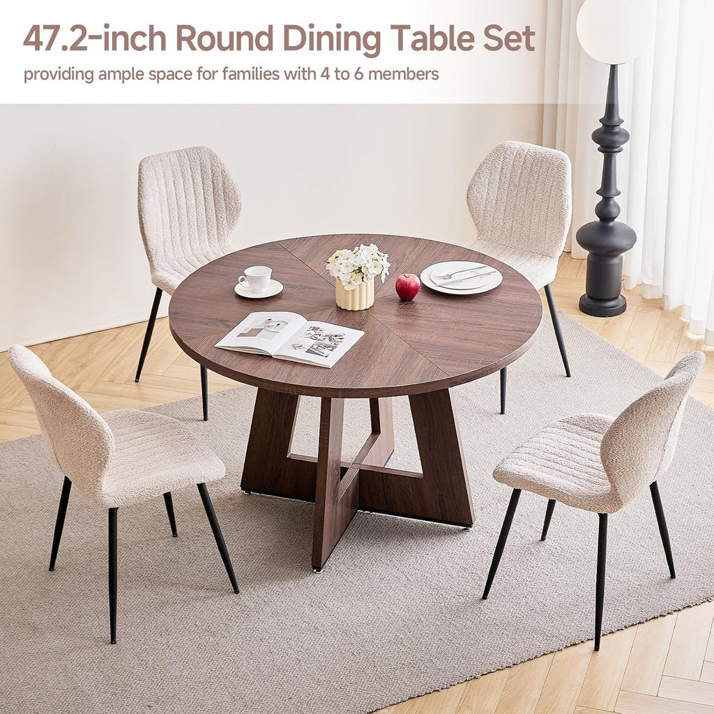 47' Round Dining Table Set for 4 with Chairs Kitchen Table and Chairs Set Mid-Century Modern Chair with Metal Leg for Apartment Living Room(1 Walnut Table + 4 Beige Chairs)