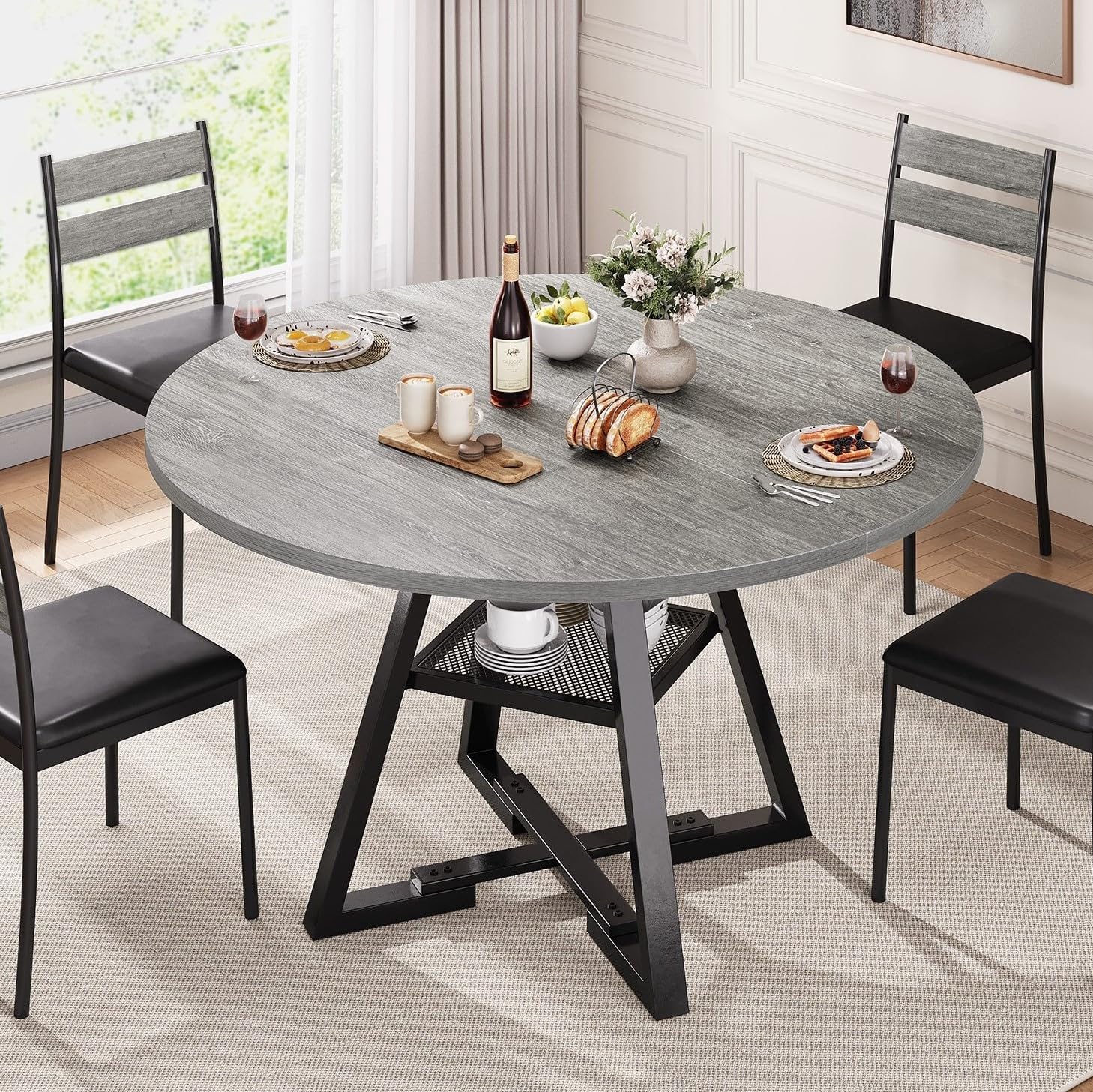 Jocoevol Round Dining Table for 4,Kitchen Dining Room Circle Dinner Pedestal Table,Space Saving Wood Kitchen & Dining Room Furniture, 42In,Grey