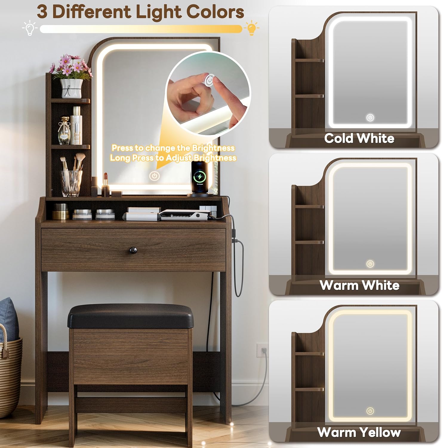 LIKIMIO Small Makeup Vanity Desk with Mirror and Lights, Vanity Table Set with Storage Drawer, Chair and Three Shelves, Bedroom, Walnut
